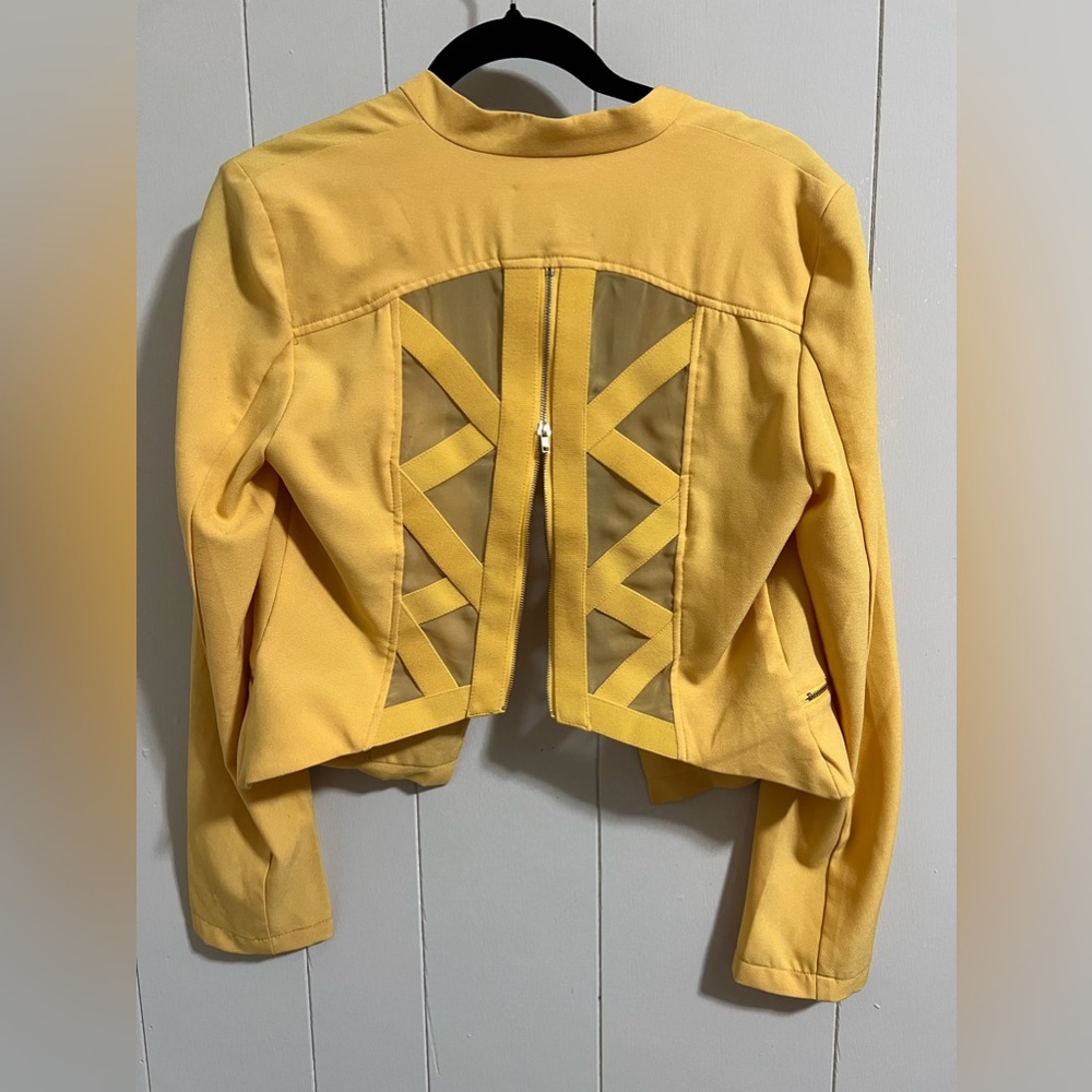 Love tree yellow sheer back panel zipper jacket size large edgy mesh moto